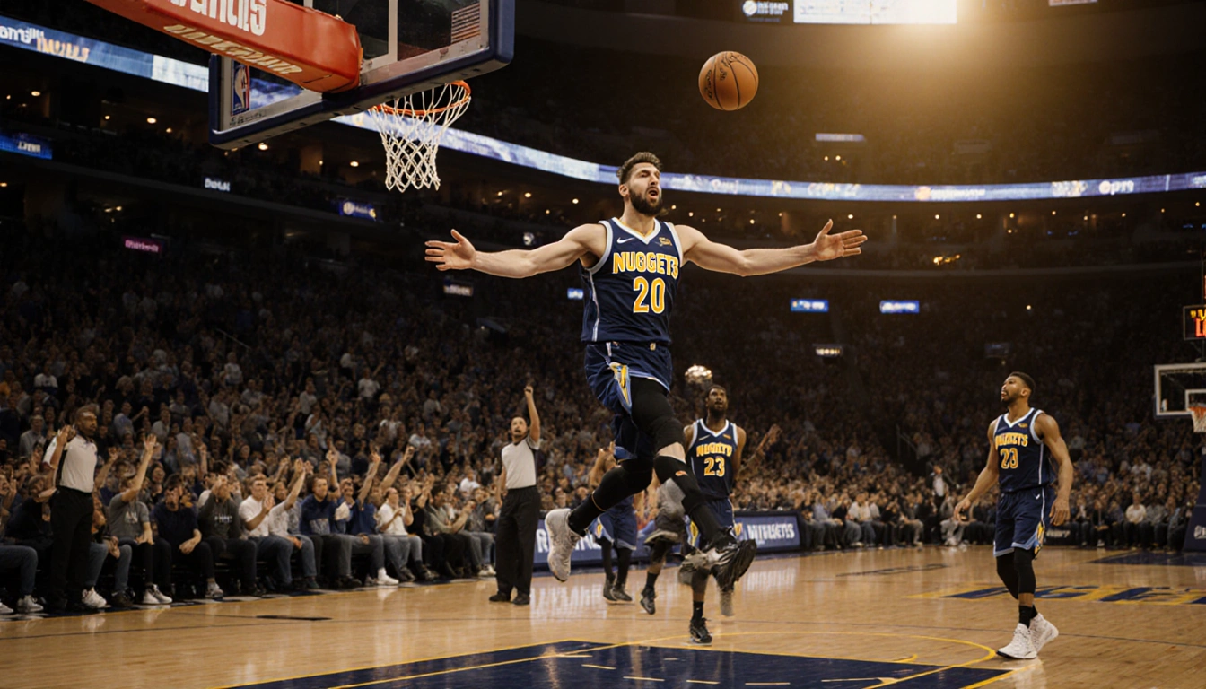 Nikola Jokic leaping for a three-pointer with ball in motion behind him and fans cheering Nuggets bench under a golden glow.