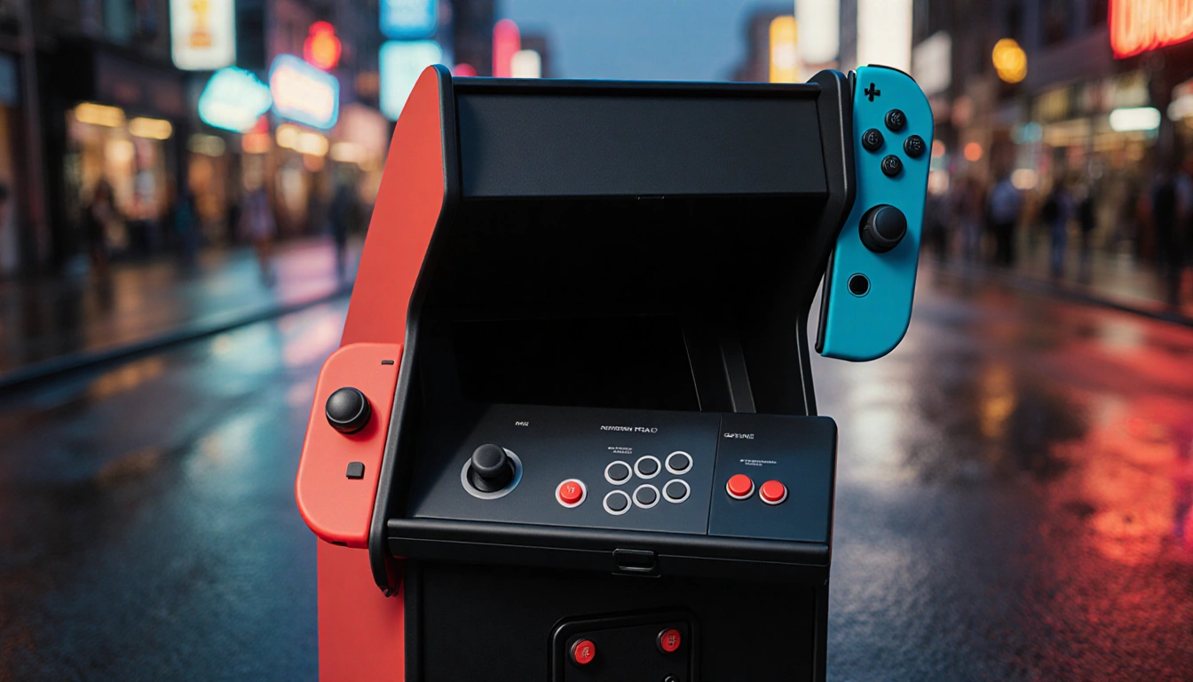 Nintendo Switch displaying the Mini Arcade Pro controller on its attached arcade cabinet with neon-lit cityscape background.