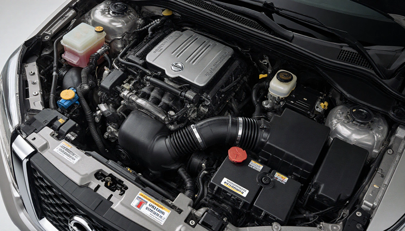 Nissan Pathfinder engine displaying 3.5-liter V6 with nine-speed transmission in background and towing capacity sign on fende
