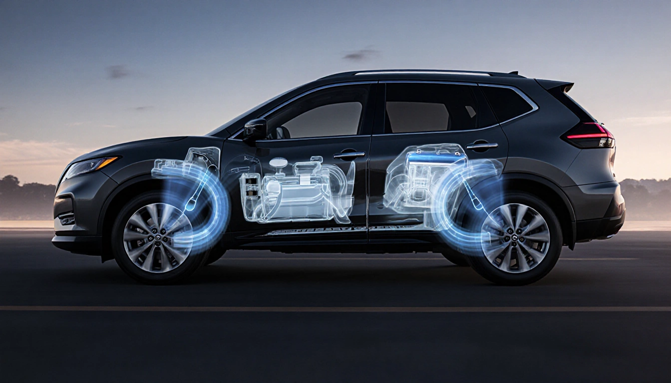 Illustrated Nissan Rogue powertrain shows plug-in hybrid transition with rotating wheels and electric-gasoline blend