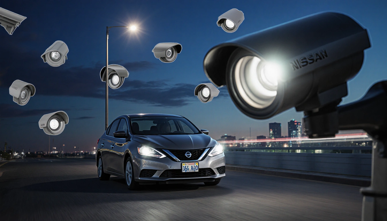 Grey Nissan Sentra parking beside streetlight with night city lights reflecting on nearby surveillance camera