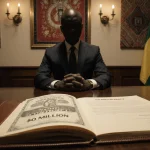 Solemn figure standing behind a desk with a contract showing $1.6M and No‑Bid Contract with Guinean textiles in background.