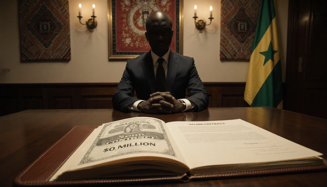 Solemn figure standing behind a desk with a contract showing $1.6M and No‑Bid Contract with Guinean textiles in background.