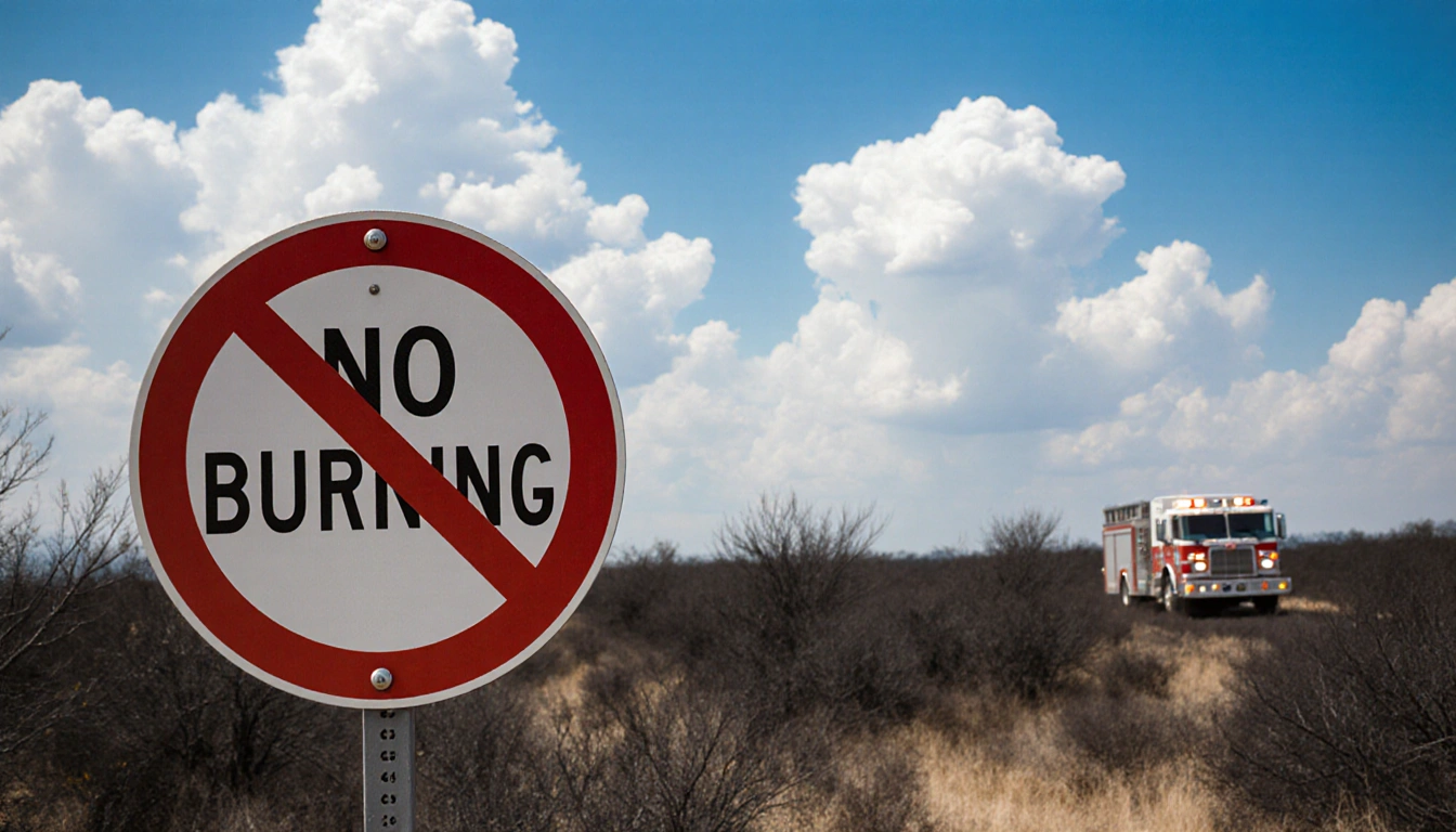 NO BURNING sign warns in clear blue sky with fluffy white clouds and distant fire truck