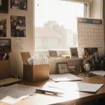 Open donation envelope sits on non-profit office desk with donation box on windowsill and warm light streaming in.