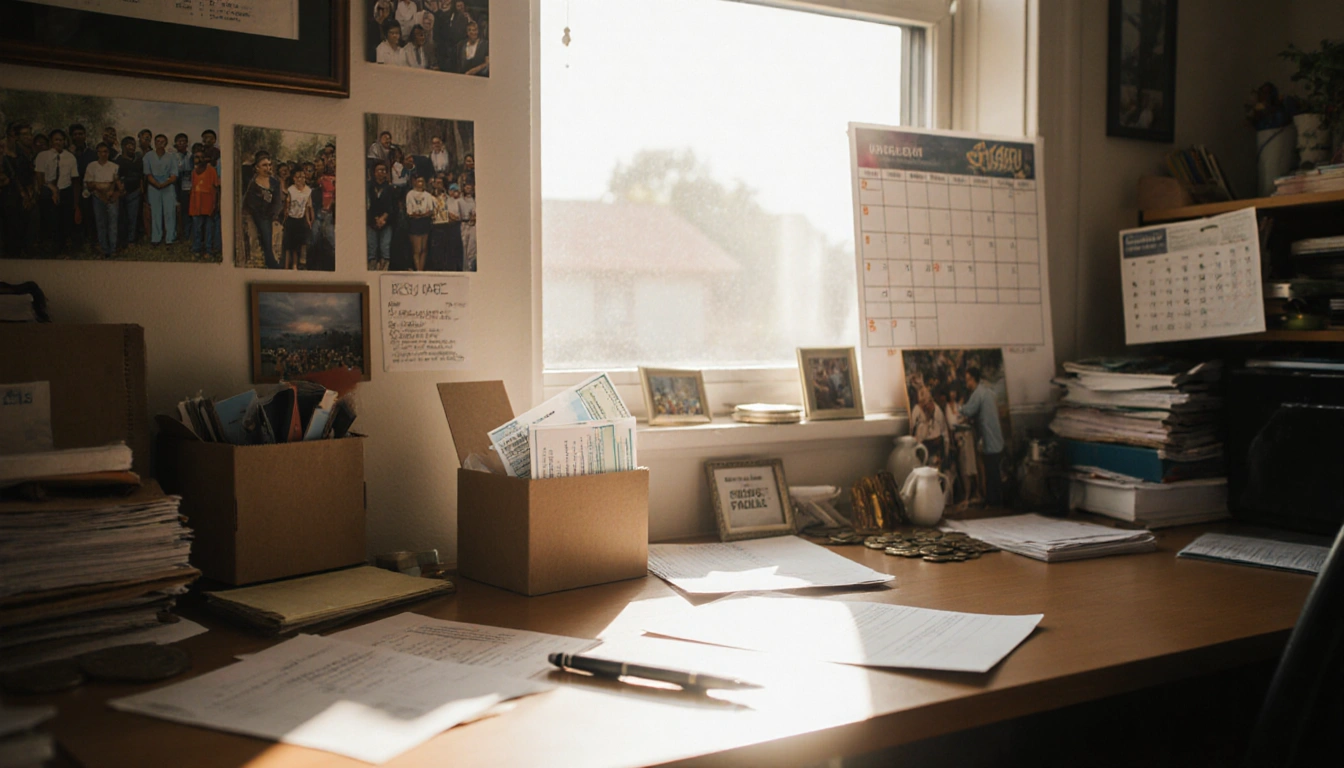 Open donation envelope sits on non-profit office desk with donation box on windowsill and warm light streaming in.