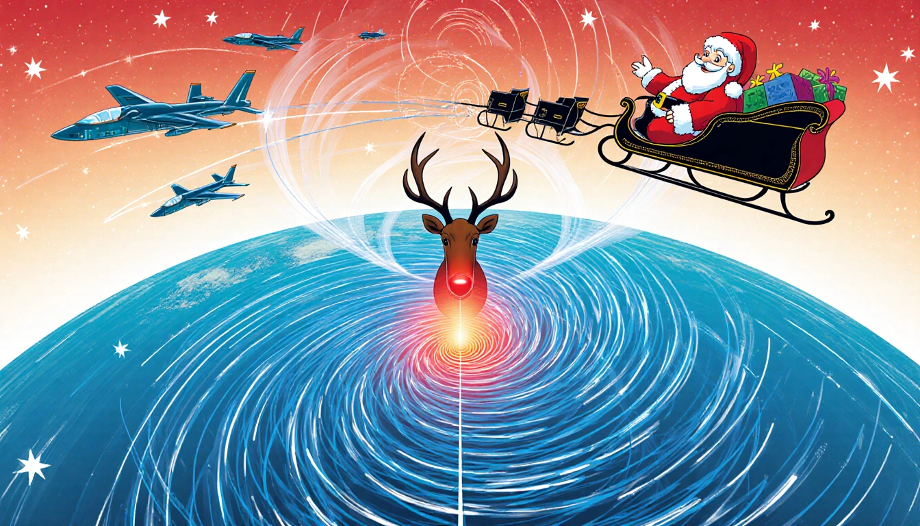 NORAD radar tracks Santa's sleigh across the Pacific with Rudolph's glowing nose at center and blue-red vortex signals.