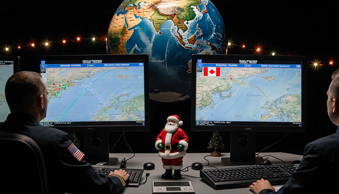 Radar screens tracking Santa's journey with U.S. and Canadian operators and a globe in the background and festive lights.