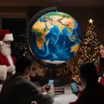 Volunteers huddling around a large interactive globe tracking Santa with festive lights and Christmas decorations