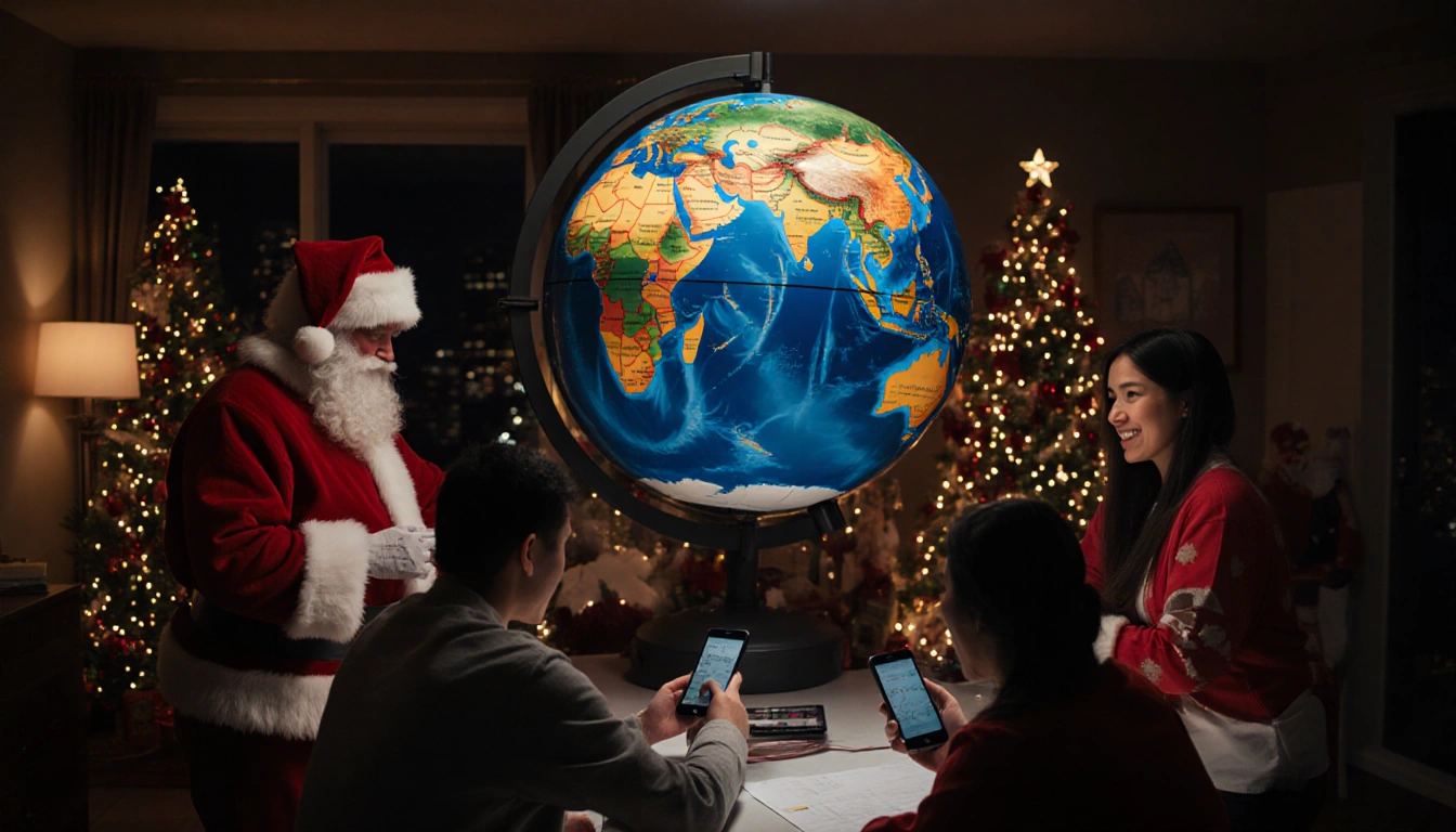 Volunteers huddling around a large interactive globe tracking Santa with festive lights and Christmas decorations