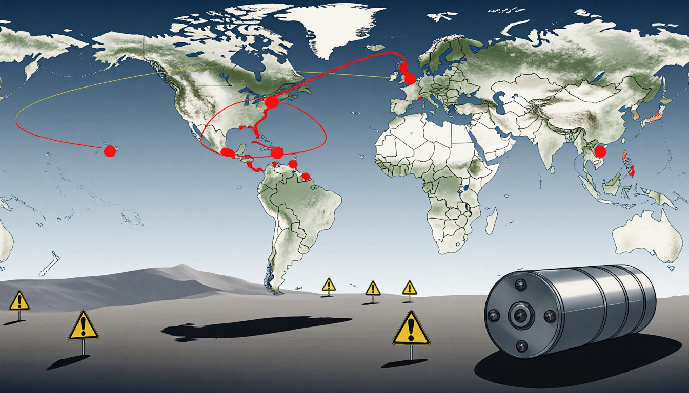 North Korea map showing red nuclear test sites with warning signs and satellite overlay of six detections