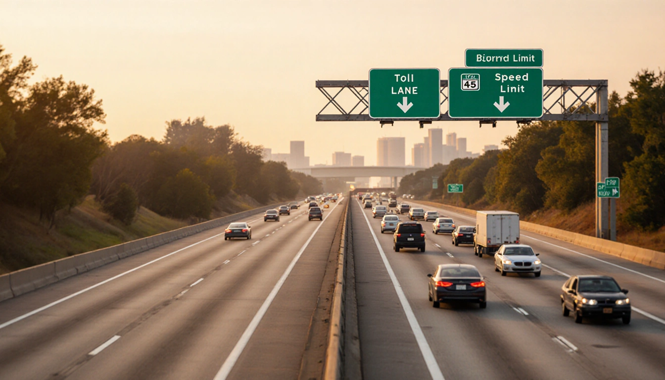 Cars drive through new toll lanes on a divided highway with white lines and toll signs against a warm blurred landscape