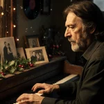 Chris Rea sits at a worn wooden piano with holly sprigs on keys and soft Christmas lights glow.