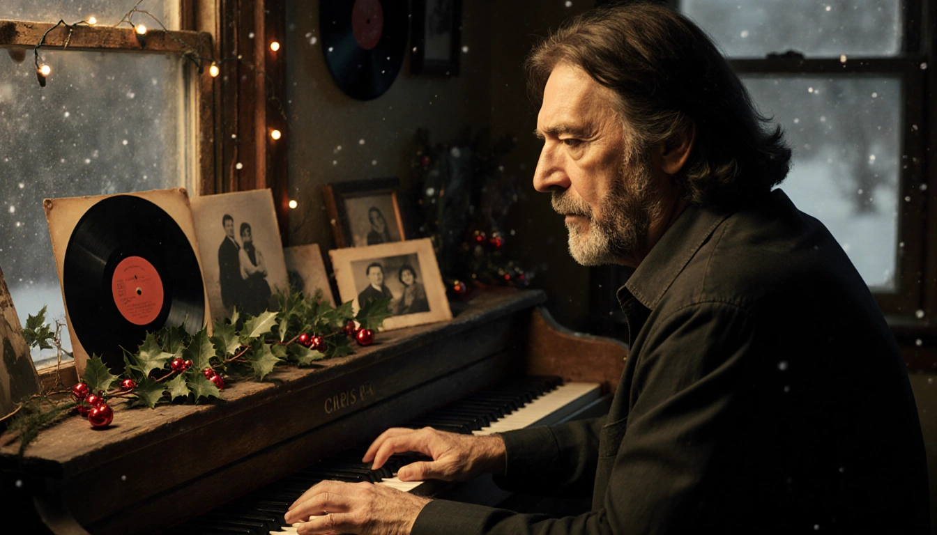 Chris Rea sits at a worn wooden piano with holly sprigs on keys and soft Christmas lights glow.