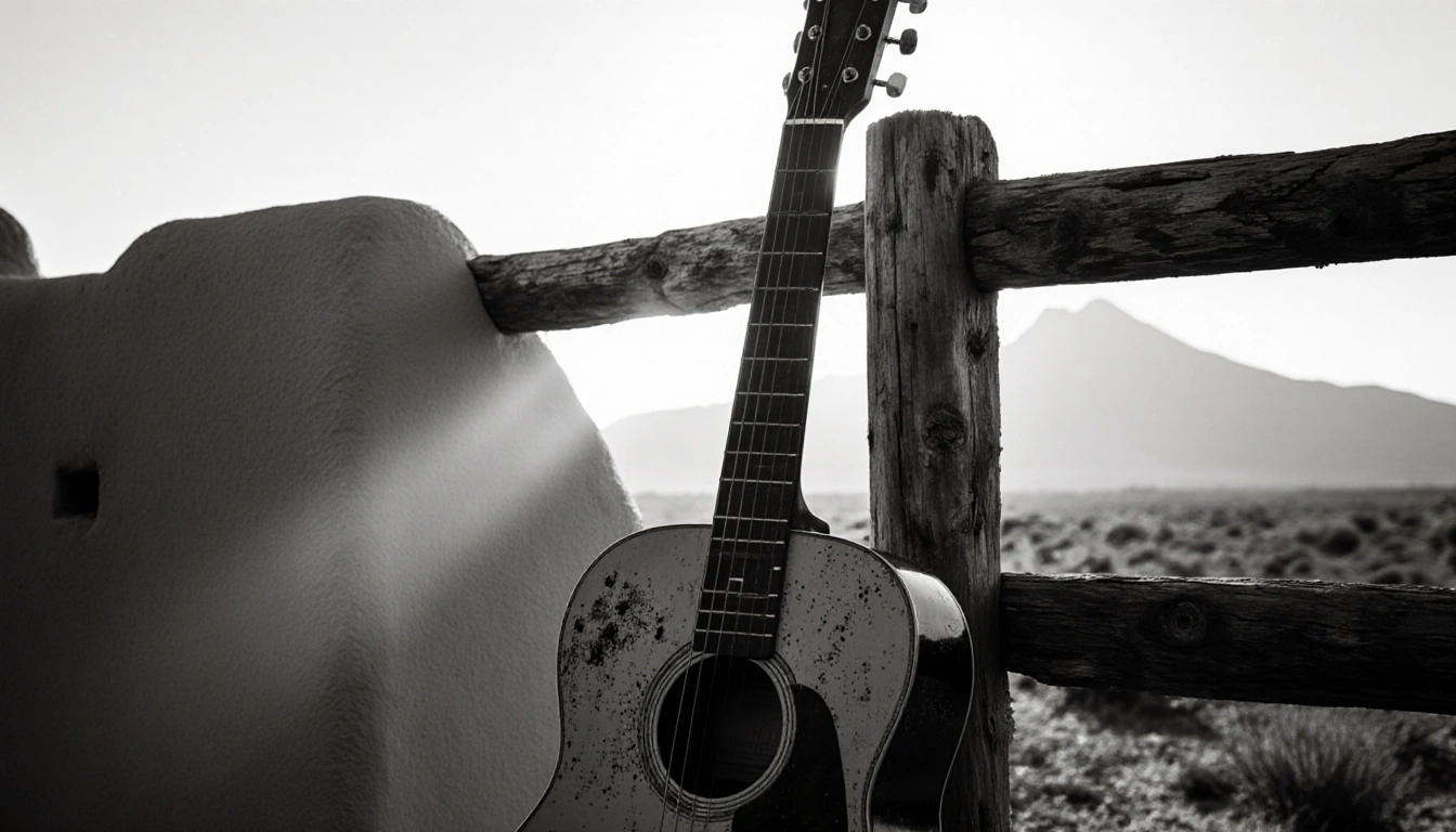 Old worn guitar resting against a weathered wooden fence with long shadows and a hint of distant mountains.