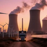 Truck carrying nuclear reactors drives down road with wind turbines and solar panels showing clean energy against industrial