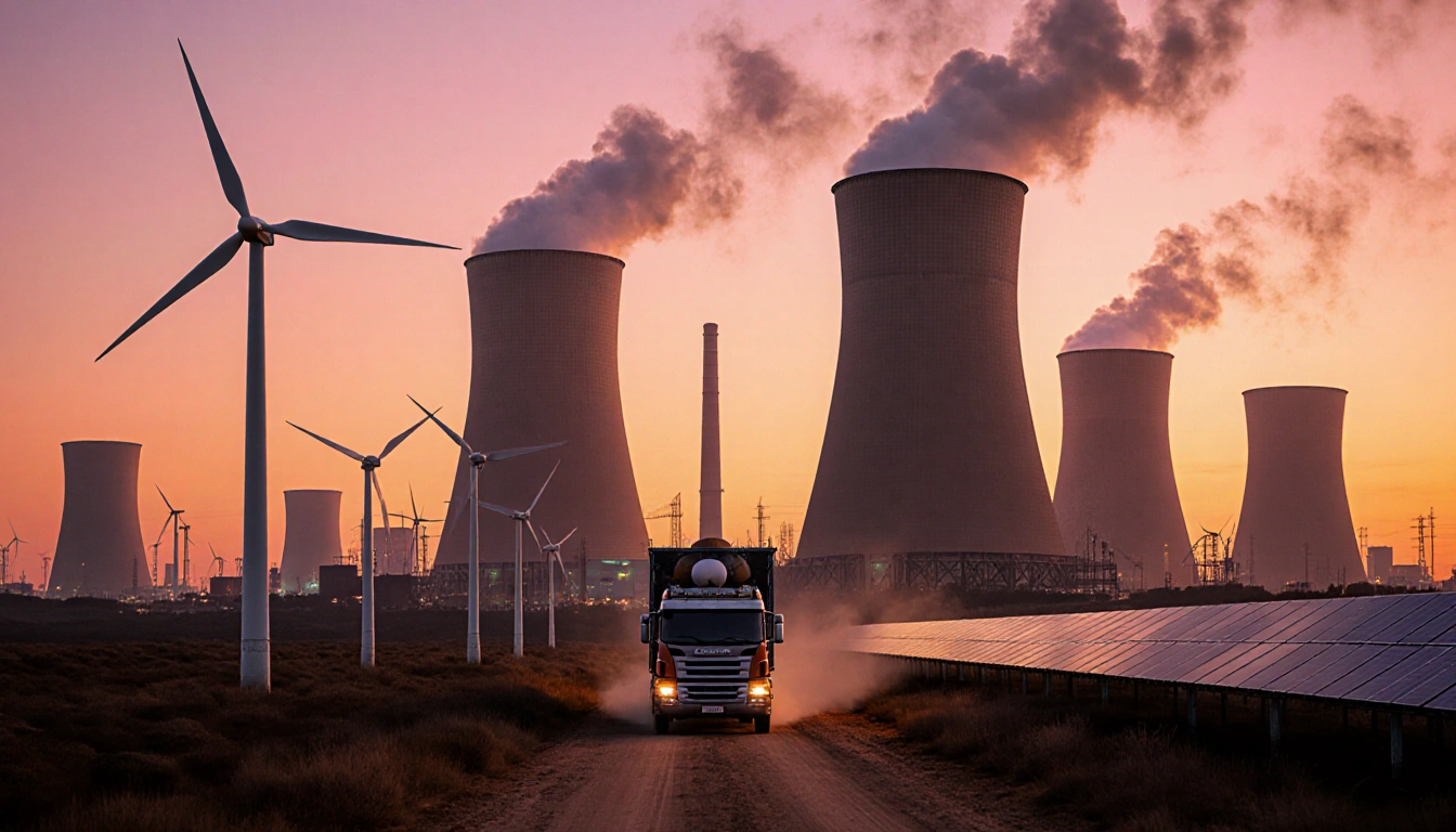 Truck carrying nuclear reactors drives down road with wind turbines and solar panels showing clean energy against industrial