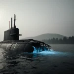 Submarine emerging from moonlit mist with soft blue glow illuminating waves.