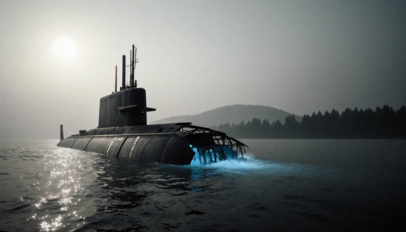 Submarine emerging from moonlit mist with soft blue glow illuminating waves.