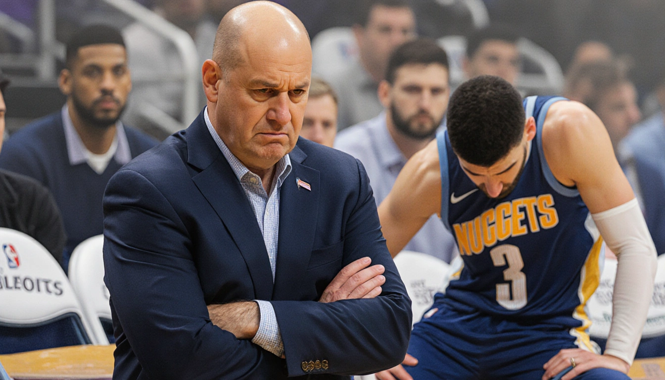 Coach David Adelman stands with crossed arms and worried looking down at limping Nikola Jokic on the sidelines