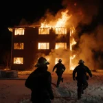 Firefighters rushing toward burning nursing home with flames illuminating snow-covered ground.