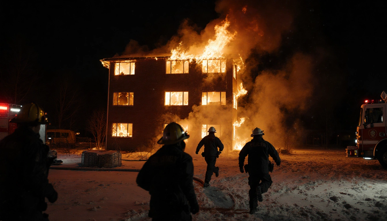 Firefighters rushing toward burning nursing home with flames illuminating snow-covered ground.