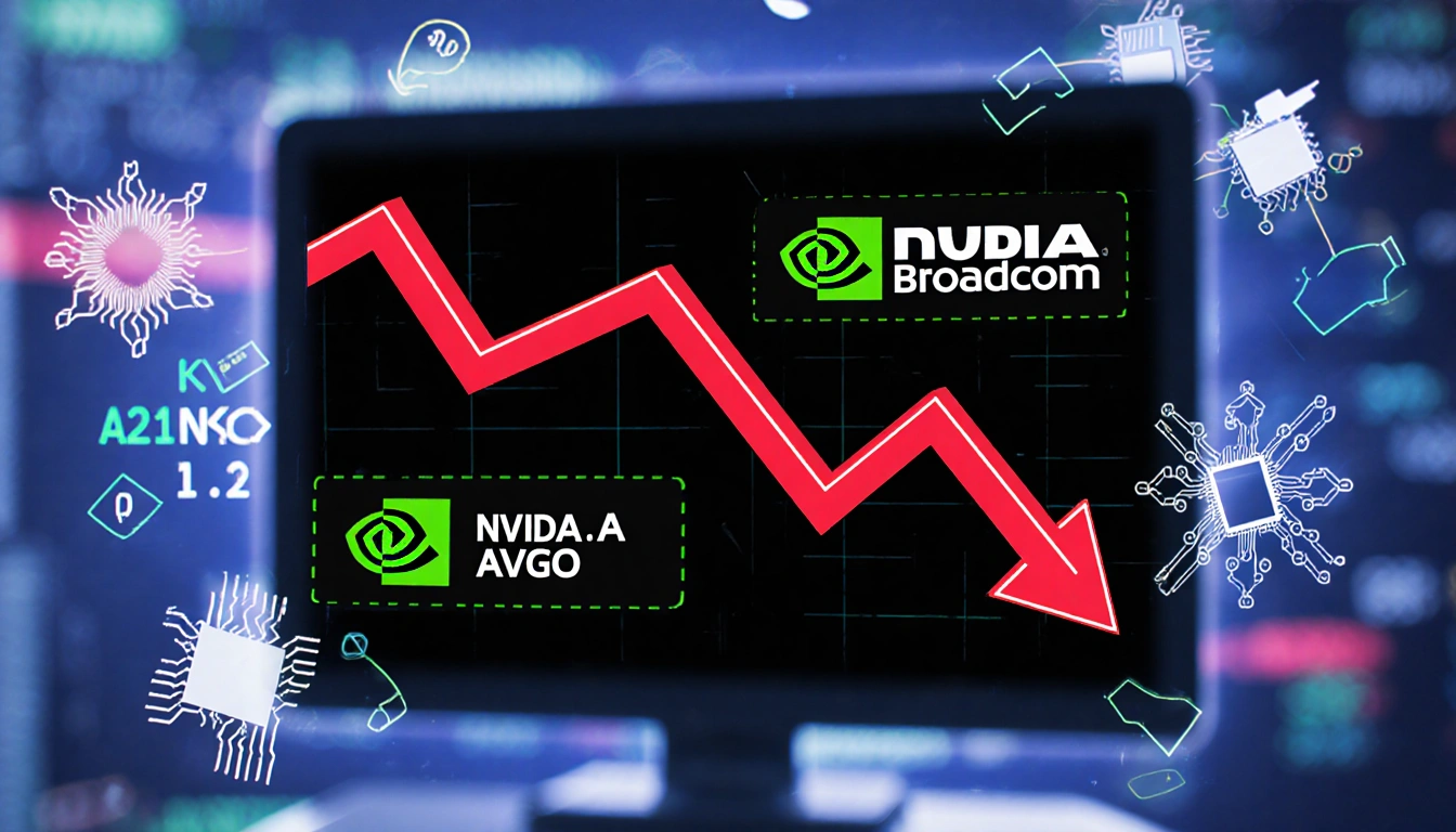 Stock ticker graph shows Nvidia and Broadcom plunging with red lines and code technology background with AI hints