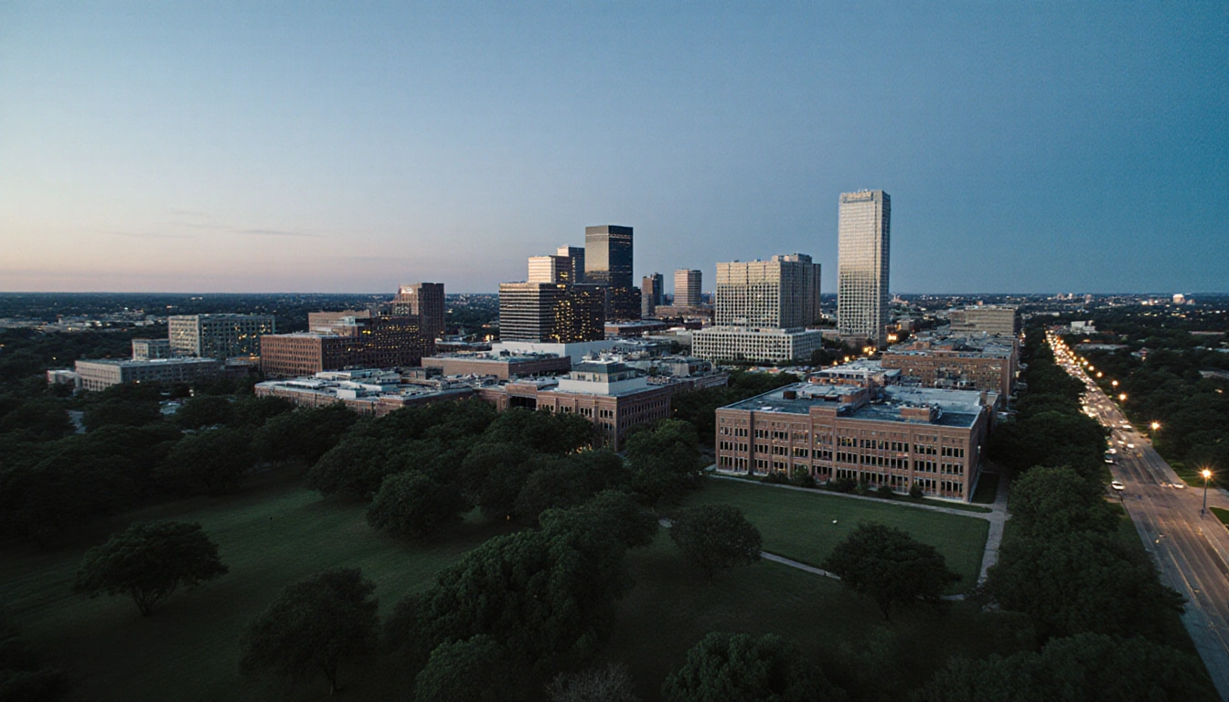 NXP campus aerial view with modern and vintage buildings surrounded by lush green fields