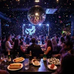 Partygoers dancing at NYE with a glittering disco ball above a dimly lit bar and neon lights reflecting on champagne bottles