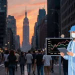 Healthcare worker scans data with tablet near large screen showing flu surge in bustling NYC street at dusk.
