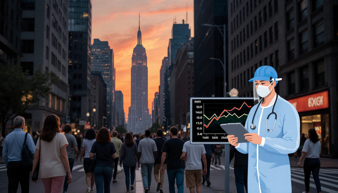Healthcare worker scans data with tablet near large screen showing flu surge in bustling NYC street at dusk.