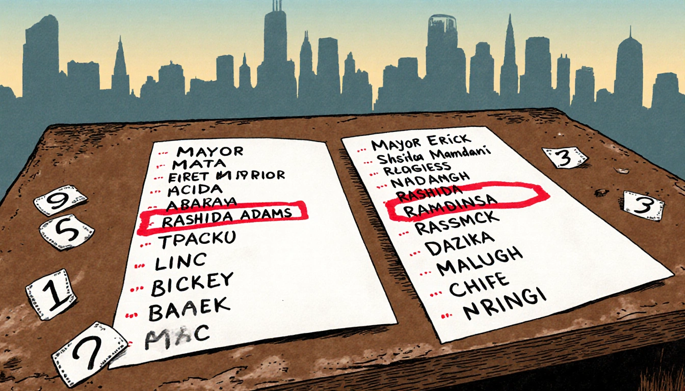 Illustrated corrected list of NYC mayors showing names in red ink on cards on a desk with scattered numbering labels and blur