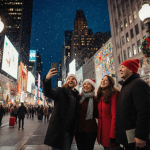 Group laughing while taking photos with holiday lights and festive luggage in Times Square