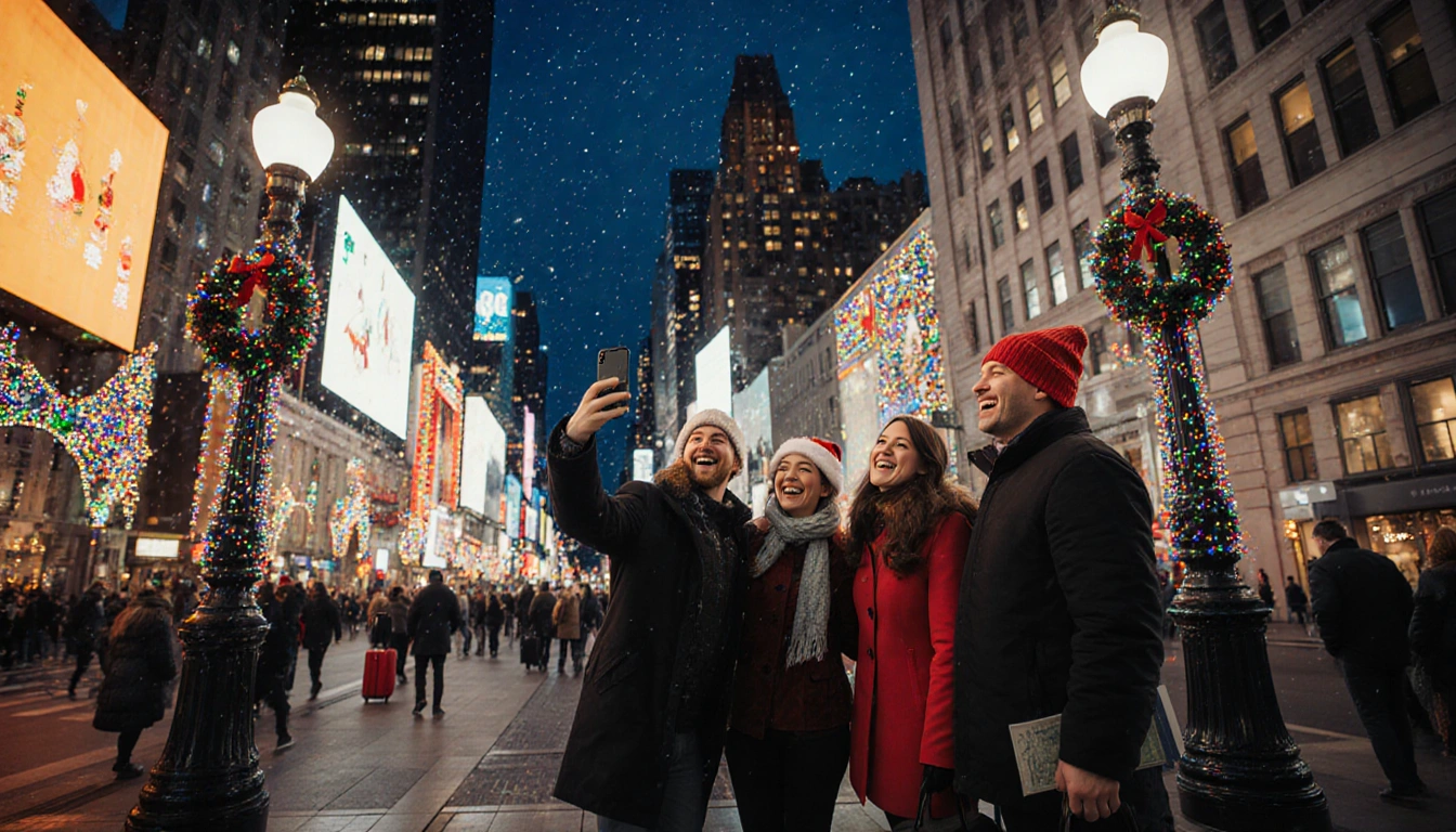 Group laughing while taking photos with holiday lights and festive luggage in Times Square