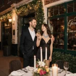 Couple clinks champagne flutes with smiles near Hotel Van Zandt on historic Rainey Street during New Year