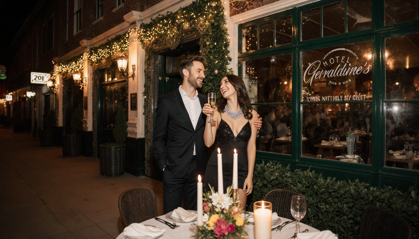 Couple clinks champagne flutes with smiles near Hotel Van Zandt on historic Rainey Street during New Year