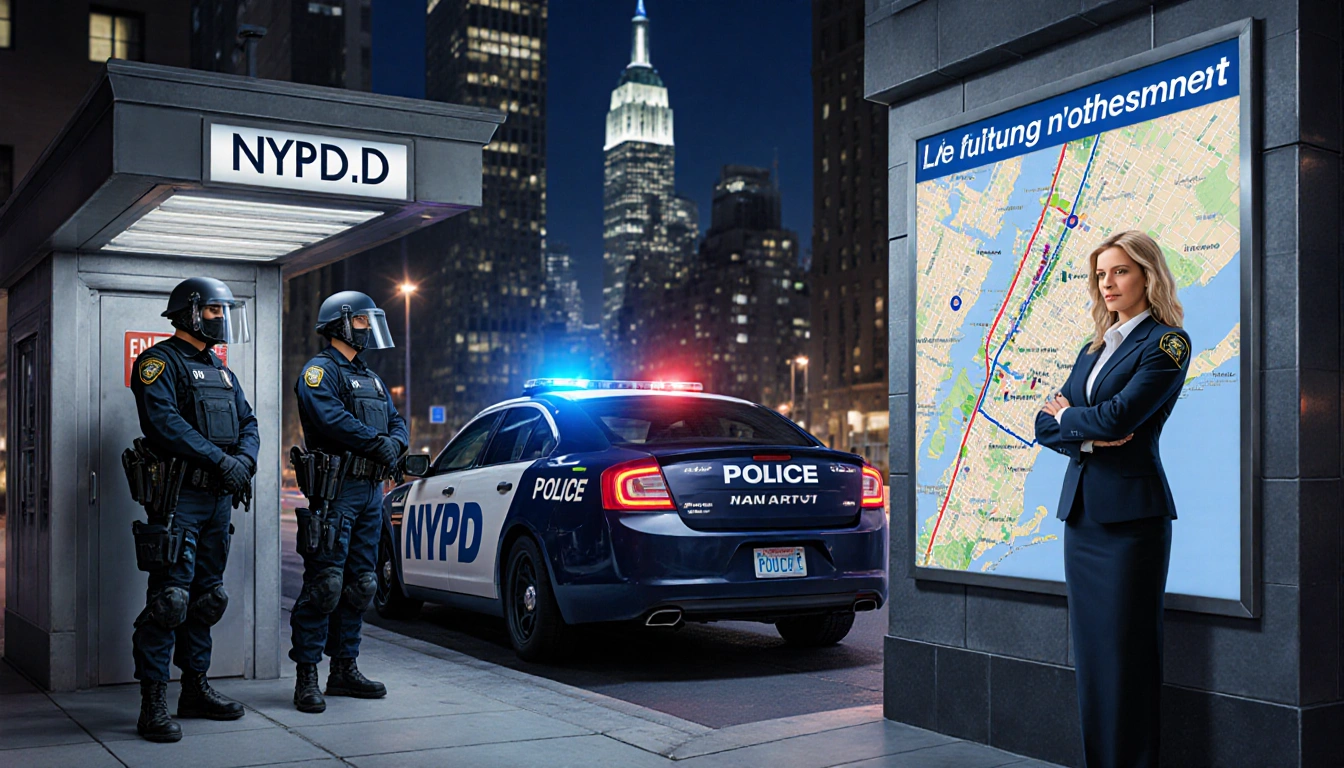 NYPD officers standing guard with police patrol car and subway entrance and commissioner pointing at crime hotspot map