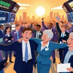 Crowd of diverse traders celebrating at NYSE dawn with bright sunlight and AI screens
