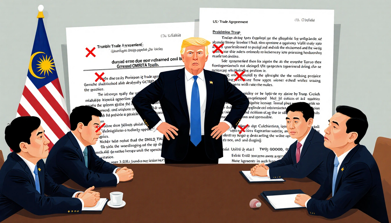 Trump pushes ceasefire agreement with Thai and Cambodian officials at formal table and Malaysia trade document in background