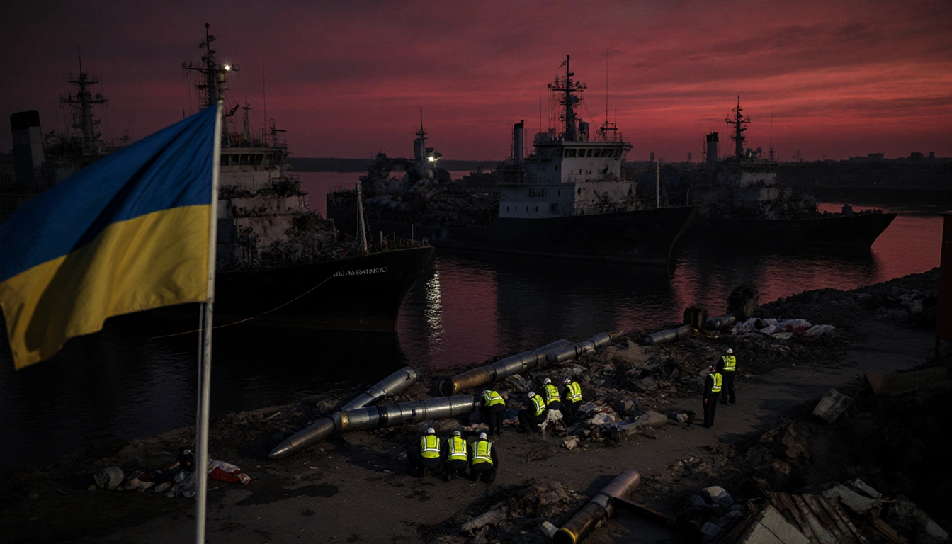 Emergency responders crouch near scattered missiles with the Ukrainian flag fluttering over the quiet port.