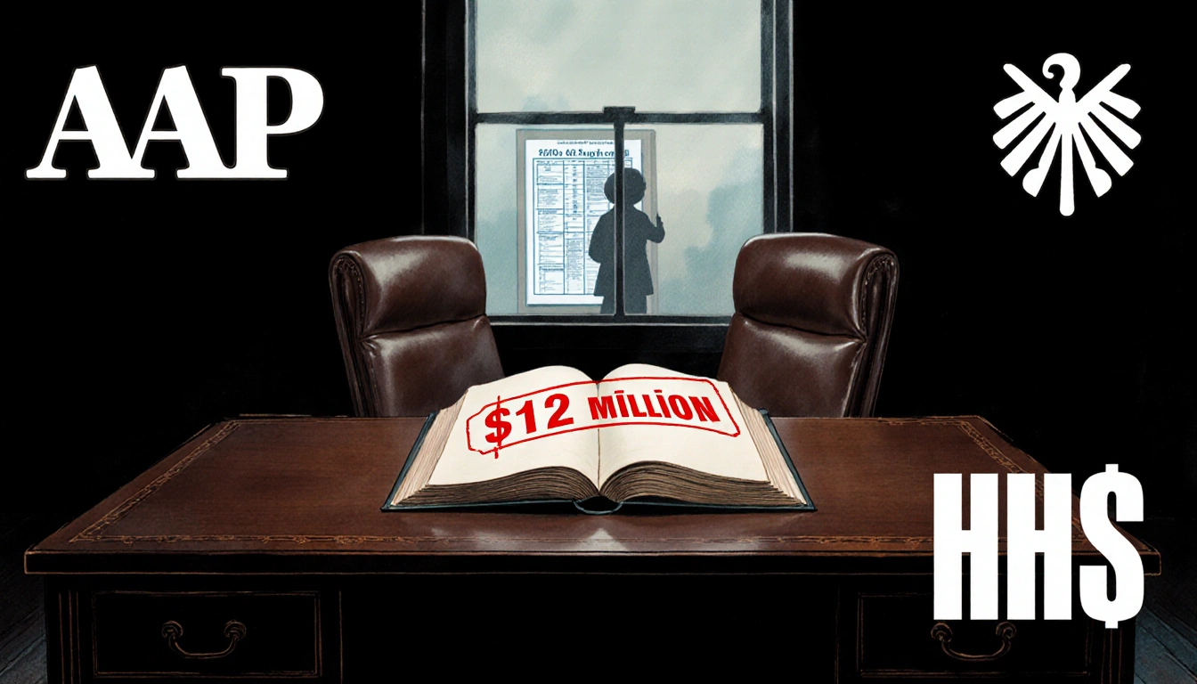 Open book displays $12 million with red cut stamp in dim office.