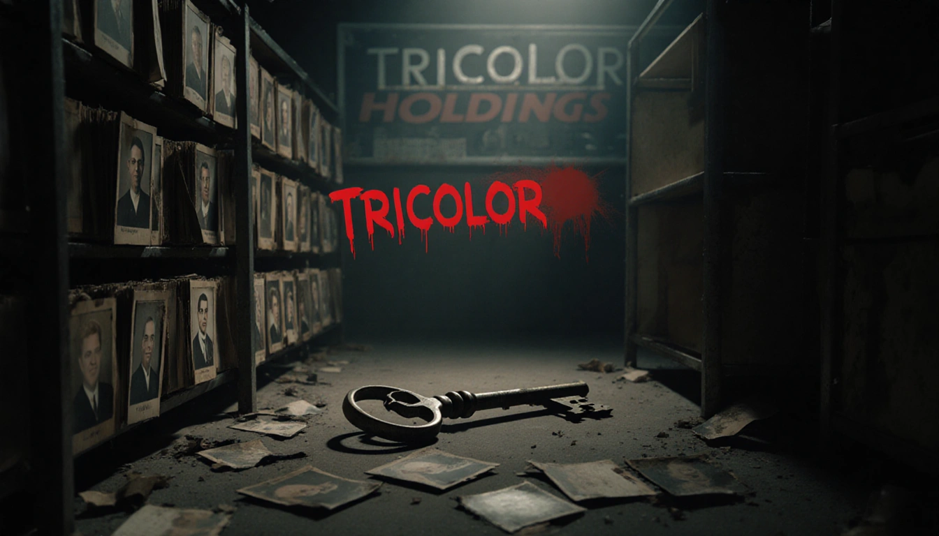 Broken key lies on dusty floor with worn files and faded photos and a faint car sign in background.