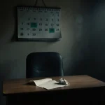 Crumpled paper lies on a wooden desk with a faint calendar outline behind and soft natural light.