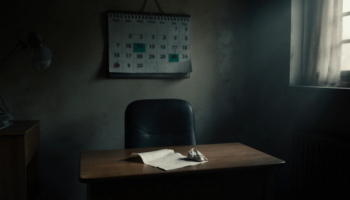 Crumpled paper lies on a wooden desk with a faint calendar outline behind and soft natural light.