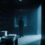 Lone figure stands at attention before desk stacks of files near doorway to dark hallway with bookshelves under blue glow.