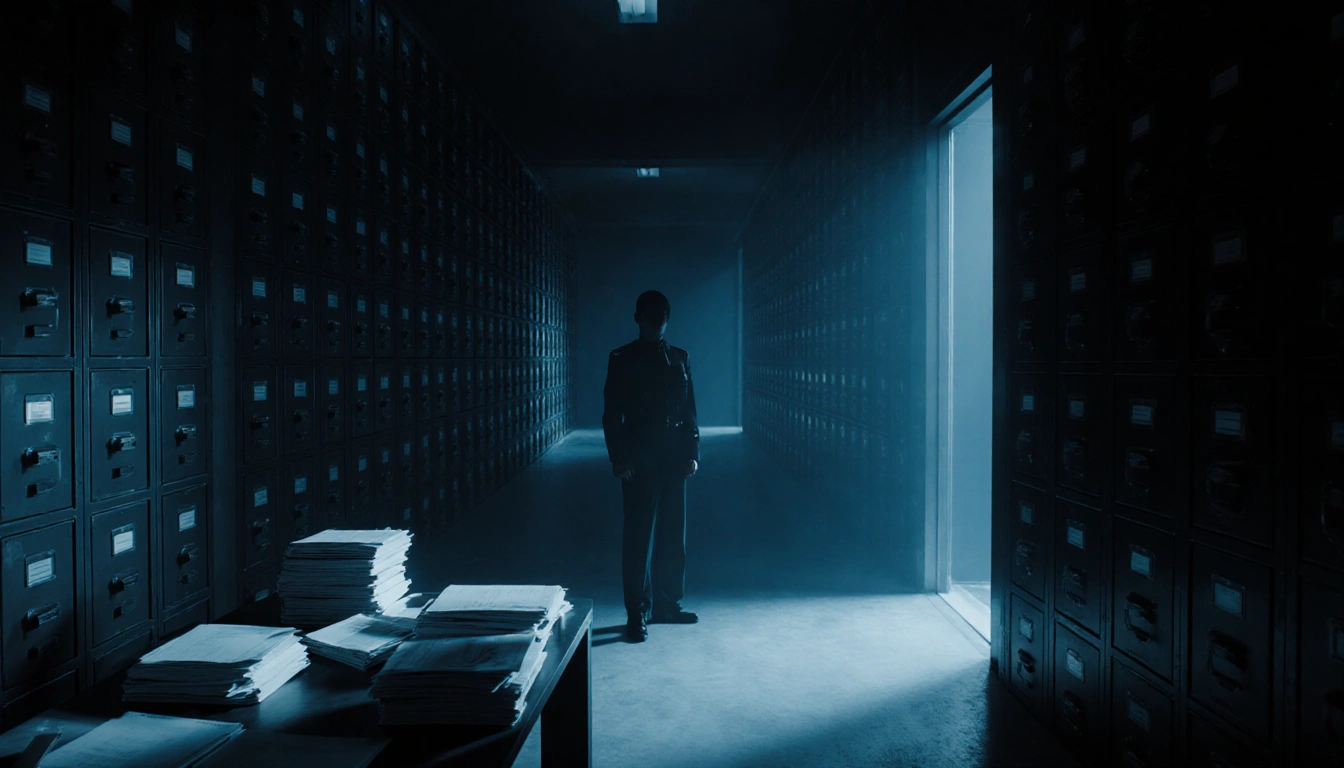 Lone figure stands at attention before desk stacks of files near doorway to dark hallway with bookshelves under blue glow.
