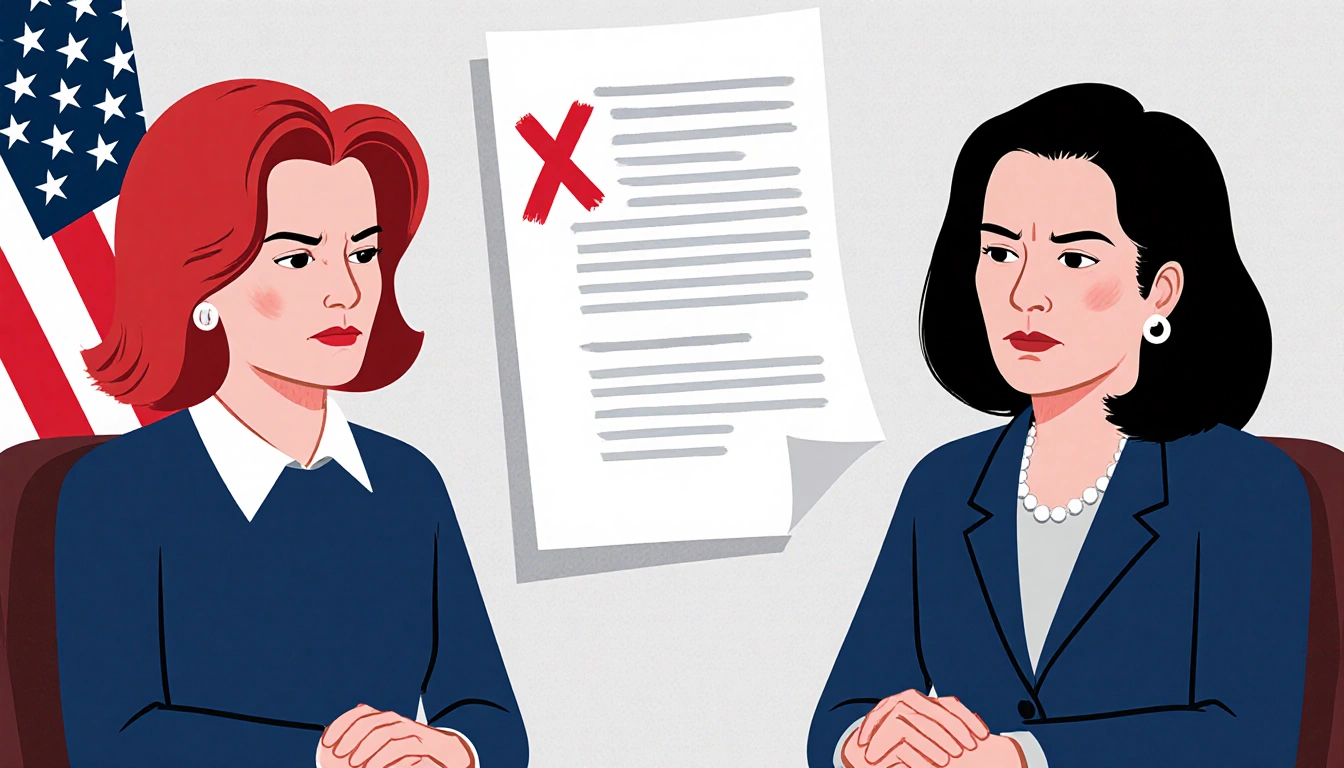 Senators Jacky Rosen and Tammy Duckworth reviewing Coast Guard policy with red X over old language and faint flag pattern