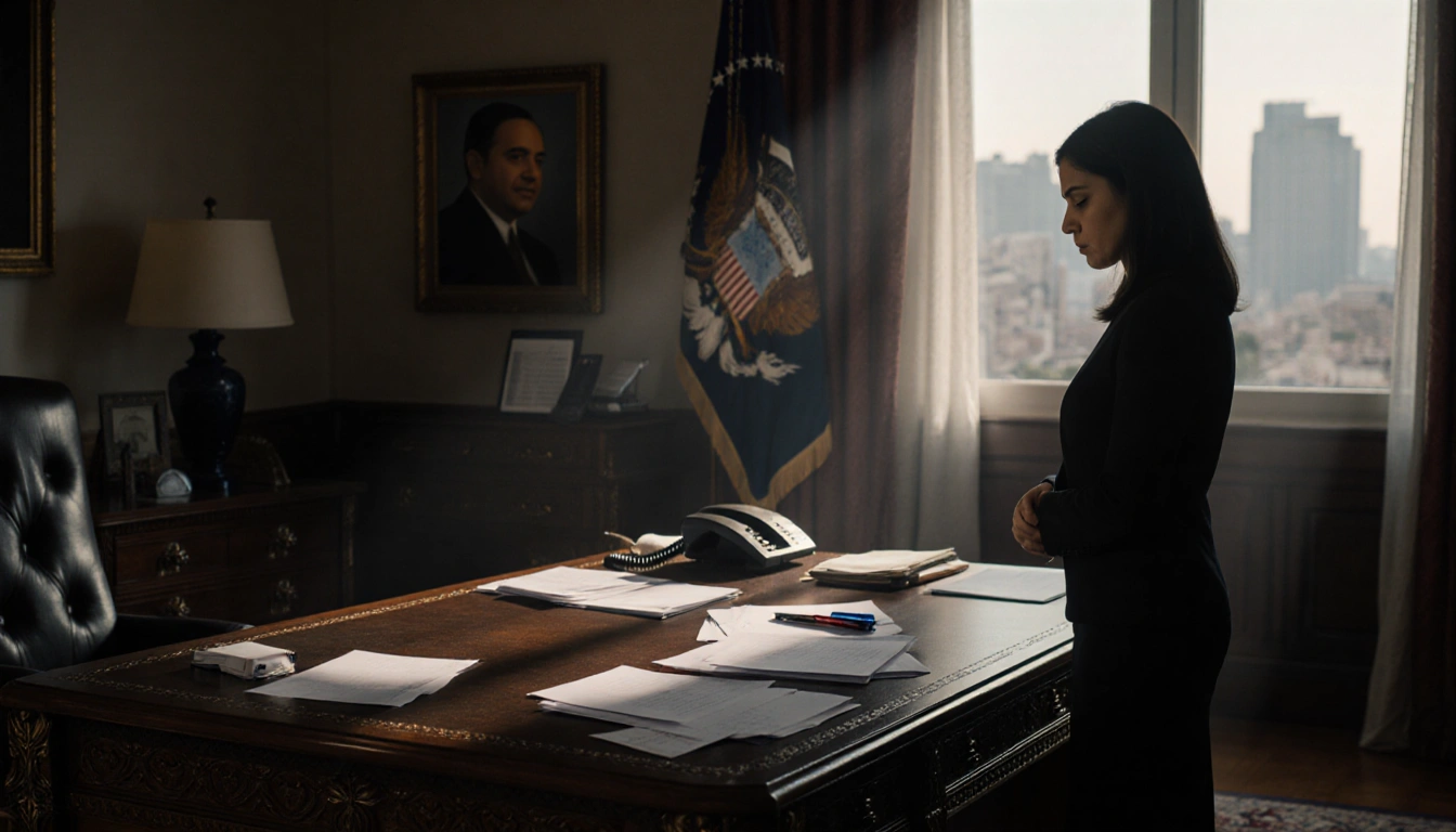 Catherine Almonte Da Costa standing in an office with a desk full of papers and a phone and a muted cityscape showing a mayor