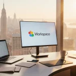 Desk shows Google Workspace logo on screen with laptops and coffee mug under warm golden window light.