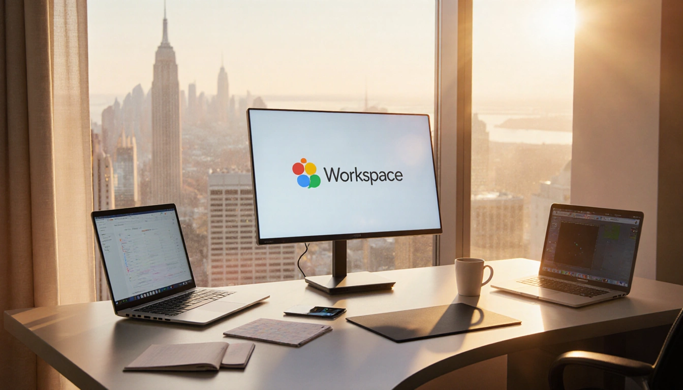 Desk shows Google Workspace logo on screen with laptops and coffee mug under warm golden window light.
